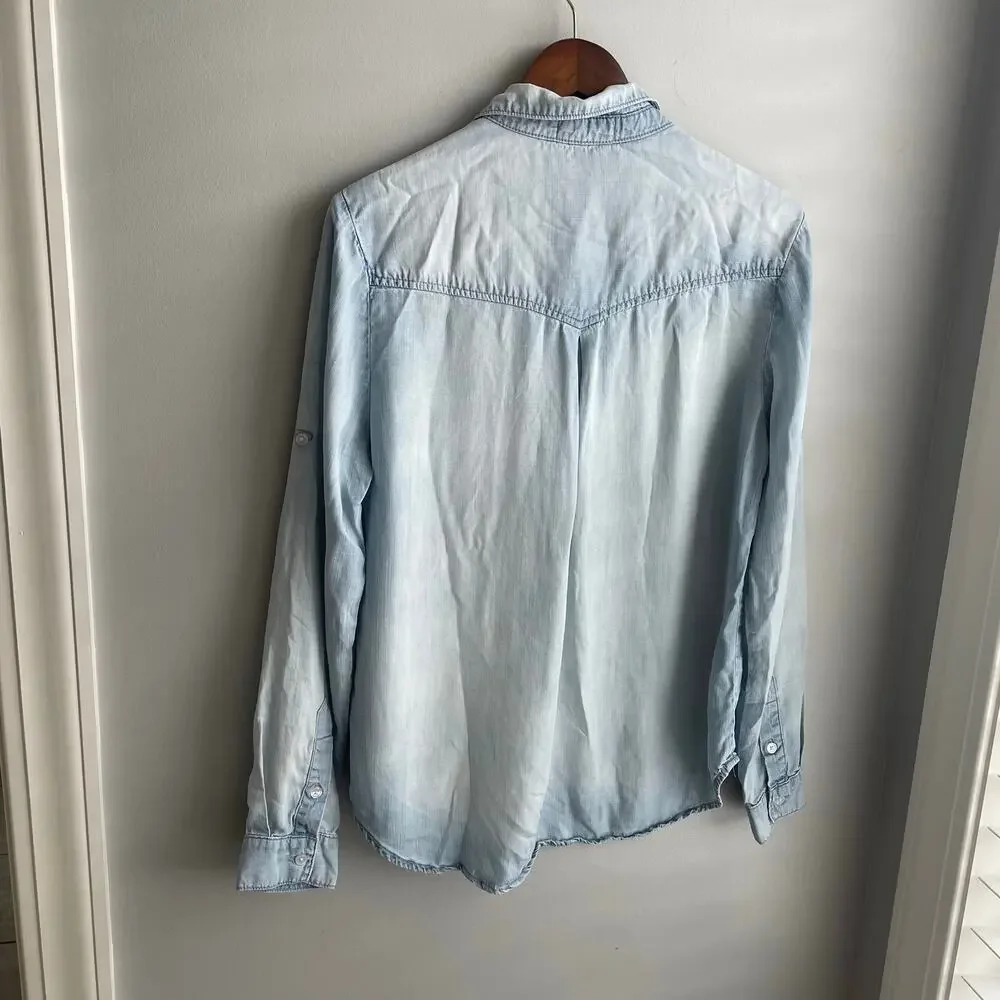 Cloth & Stone Light Chambray Half-Button-Up Roll Tab High-Low Collar Shirt sz L - Picture 2 of 9